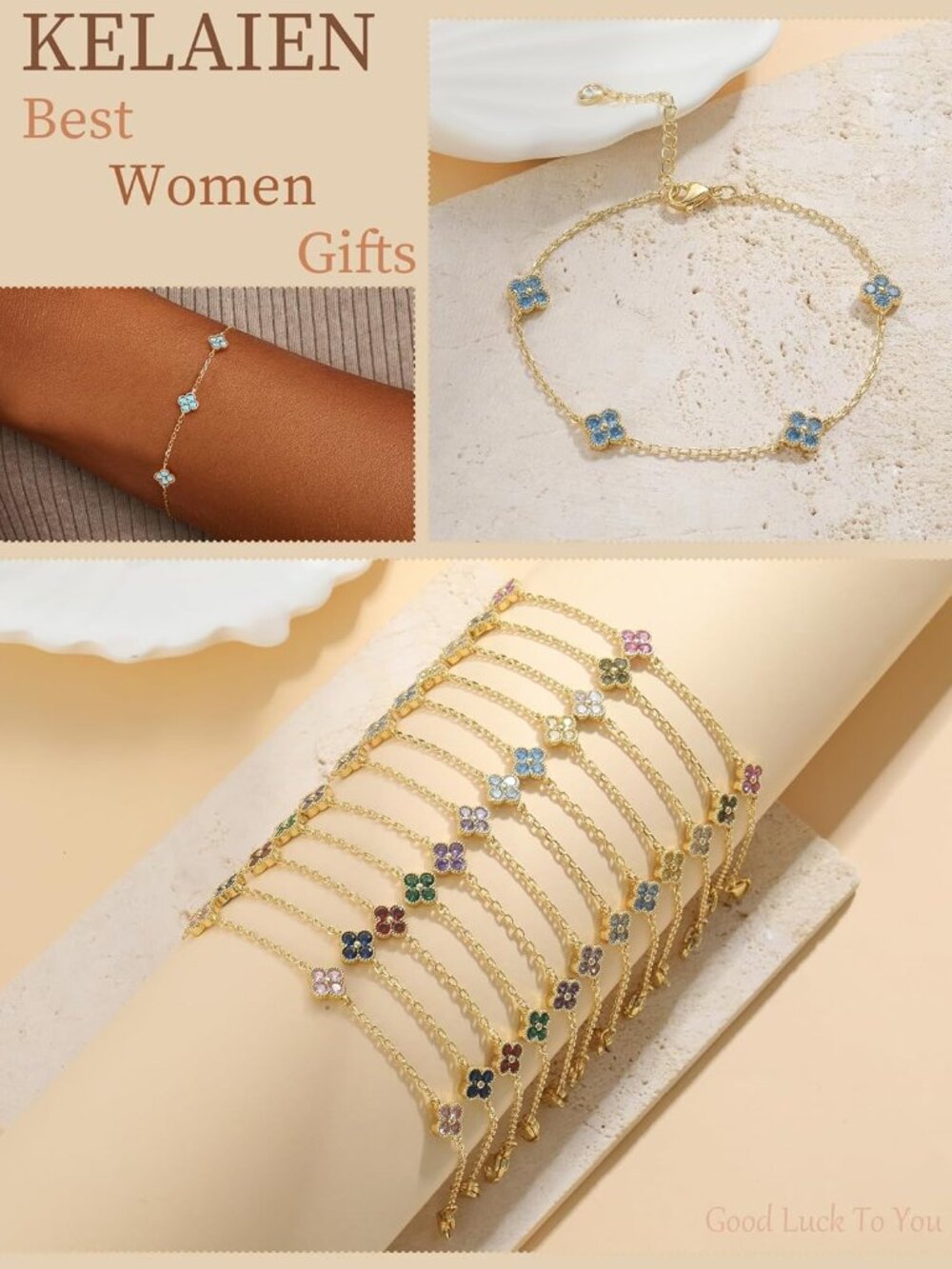 Birthstone Gold Clover Bracelet Dainty 14K Gold Plated Cute Friendship Stackable - Picture 4 of 6